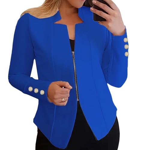 Women's Gold Button Zip Up Blazer Lightweight Notch Lapel Suit Slim Fit Business Suit Jacket