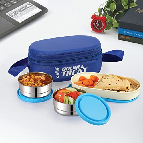 Save ₹355 | 65% Off CELLO Double Treat Set of 3 Pcs Lunch Box with Jacket for Daily Use, Blue