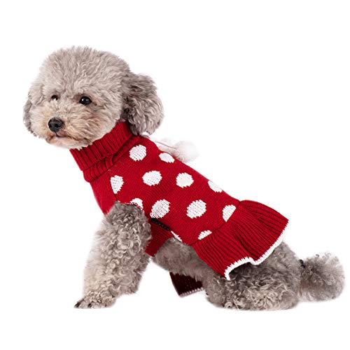 KYEESE Red Dog Sweaters Dress with Leash Hole Polka Dot Dog Sweater Knit Warm Doggie Sweaters with Pom Pom Ball for Fall…
