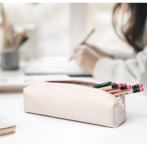 Image of Pencil Case, Simple Pencil Pouch Pure Color Pen Storage Box Office Stationary Storage Bag Pen Pouch Holder with Zipper - Creamy White