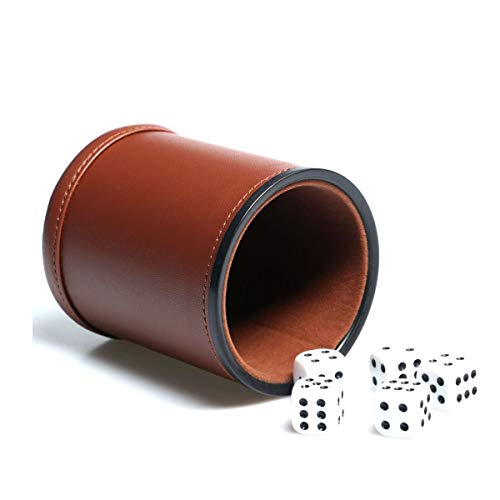 Leather Dice Cup Set Felt Lining Quiet Shaker with 5 Dot Dices for Farkle Yahtzee Games,4 Pack (Brown)