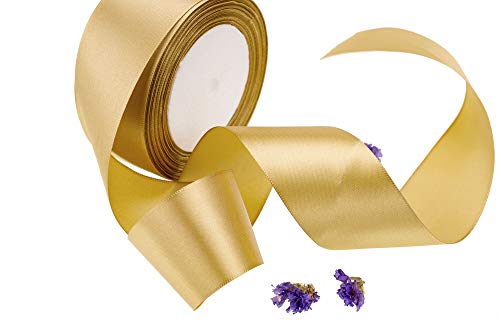 Image of ATRBB 25 Yards 1-1 /2 inch Dark Gold Satin Ribbon for Gift Wrapping | Wedding, Bows, Colorfast Polyester Fabric Thick Ribbon for Bouquets Party Decor Crafts Handmade Flower DIY