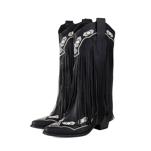 Image of Embroidered Fringe Cowboy Boots for Women, Pull On Mid Calf Chunky Block Heel Pointed Toe Western Cowgirl Boots Riding Country Boot Retro Boots