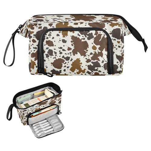 Image of Portable Pencil Case Pen Bag with Zipper, Cow Print Skin Brown Large Pencil Pouch Pen Case Stationery Bag for Office School Student, Multifunctional Pen Box for Girl Boy Men Women