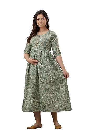 Image of The Moon Star Women's Cotton Floral Printed Anarkali Maternity Feeding Kurti | Breastfeeding Dress for Mothers | Zipper Feeding Kurti, Nursing Kurti, Comfortable and Trendy Maternity Wear