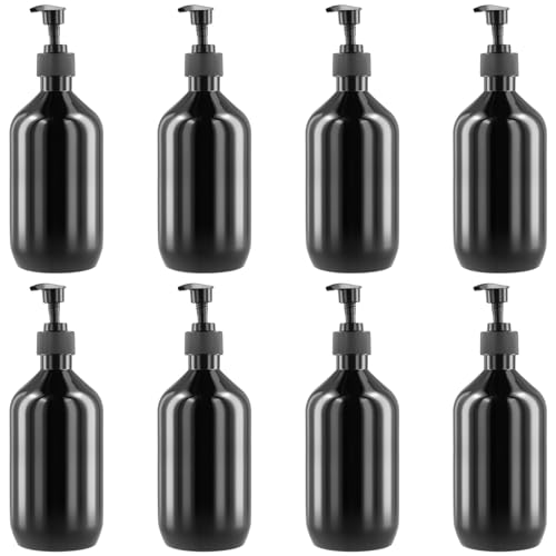 JIEHIN 8 Pezzi Bottiglie Vuote con Pompa a Pressione, 500 ml Dispenser di Sapone, Bottiglia Dosatore Contenitore Plastica per Olio Essenziali, Sapone, Shampoo, Cucina, Bagno, nero