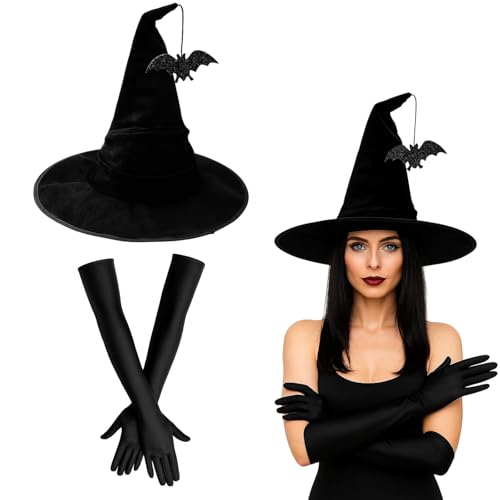 BaiDekun 2-teiliges Hexenkostüm Damen Set: hexenhut damen mit glitzernder Fledermaus-Anhänger & langen Handschuhen – hexenkostüm damen...