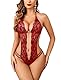 Avidlove Damen Einteiliger Dessous-Body mit tiefem V-Ausschnitt und Babydoll Weinrot Large