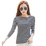 [Teddy] tシャツ レディース 長袖 カットソー ロングT 細タイプ クルーネック ストレッチ 春秋冬 tops841 (E：ブラック×ホワイト, XL)