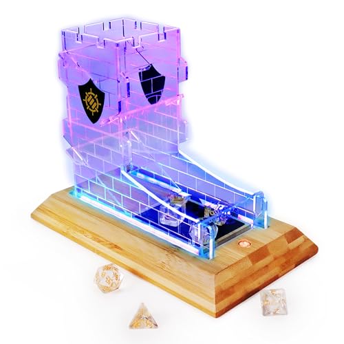 ENHANCE Tabletop LED Dice Tower with 7pc Dice Set for RPG Games - Clear Gaming Set, LED Lit Rolling Tray with Bamboo Base and Castle Tower Design, Roll Up to 14 at Once - Great for Game Night