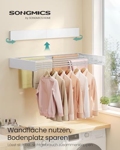 SONGMICS Wäscheständer Wandmontage, Wäschetrockner klappbar 6 Stangen, Wandwäschetrockner ausziehbar, Wandtrockner platzsparend, Bohrschablone, für innen, außen, 100 cm, mattweiß LLR810WE01