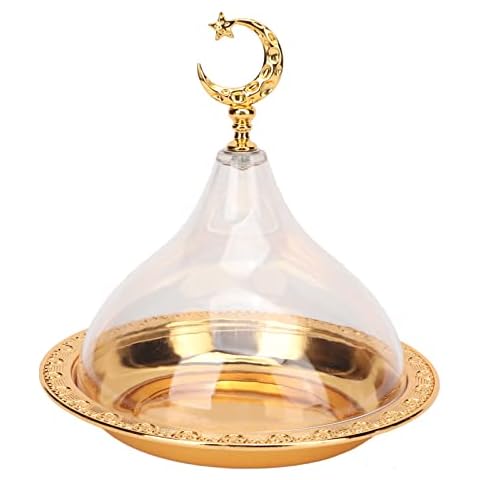 Luqeeg Serving Dish with Acrylic Clear Dome, Golden Vintage Serving Platter Eid Mubarak Cake Tray Ramadan Serving Tray Dessert Plate for Home Party Cafe Wedding Dining Rooms Cover
