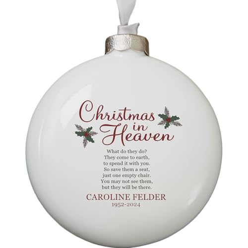 Personalization Universe Christmas in Heaven Personalized Premium Memorial Ornament - Porcelain, 3-D Disc Shape, Indoor Only, Satin Hanger, Bow, 4