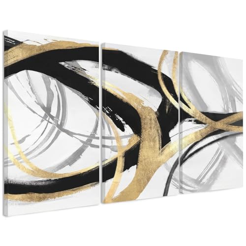 Image of DUWQU Triptych Black Gold White abstract Lines Canvas Wall Art 24x36 in x3 | Wooden frame, UV-resistant ink, Giclee printing process, Pre-installed hooks make it easy to hang home or office wall decor
