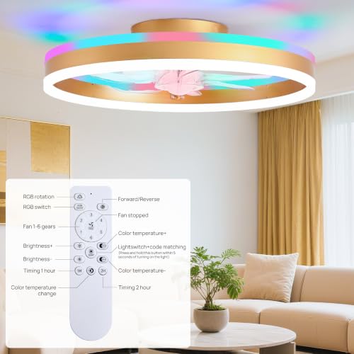 Image of 20 inch RGB Ceiling Fans with Lights and Remote /APP, Dimmable 3000-6500K LED Low Profile Ceiling Fan with Light, Modern Fandelier Flush Mount Ceiling Fan Light for Living Room, Bedroom and Kitchen