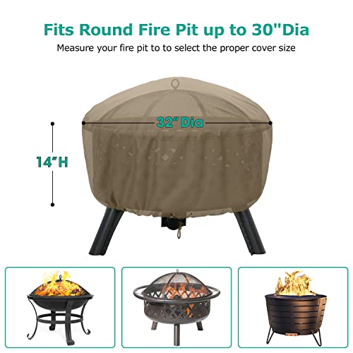 SunPatio Outdoor Round Fire Pit Cover 32 inch, Heavy Duty Waterproof Fire Pit Bowl Cover with Drawstring, All Weather Protection, 32\" Dia x 14\" H, Taupe