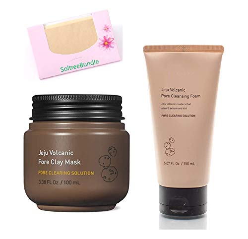 SoltreeBundle Jeju Volcanic Pore Cleansing Foam, 5.09 Ounce + Jeju Volcanic Pore Clay Mask, 1.6 Ounce with SoltreeBundle Oil Blotting Paper 50pcs