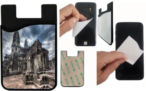 Island Gifting Neoprene Stick-on ID Card Holder for iPhone/Galaxy/Google Android Cases Featuring Image of Ankor Wat a Landmark in Cambodia
