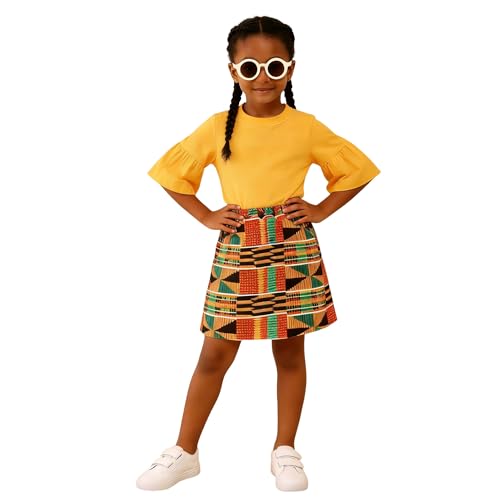 MODNTOGA African Attire Kids Girl Bell Sleeves T-Shirt Ankara Skirt Girls Dashiki Clothes Black History Months Outfit 2T-9Y(Yellow 4 Years)