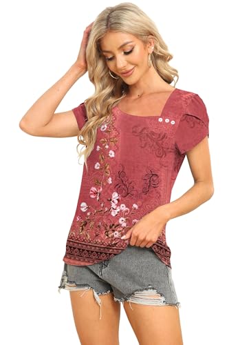 Image of Womens Petal Sleeve Tops Summer Trendy T Shirt Casual Loose Square Neck Button Blouse Tees
