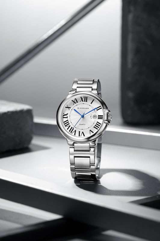 Image of Giordano Analog Quartz Watch for Men - Stainless Steel Strap, Textured Dial with Roman Numerals, Blue Hands, Date Display