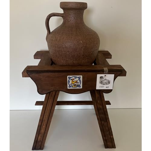 Cantarera de madera rústica artesanal mini con un cántaro de 30cm de barro RÚSTICO de un asa
