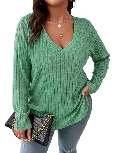 Image of Koscacy Women Plus Size Casual Knit Sweater V Neck Solid Color Tops Lightweight Long Sleeve Blouses