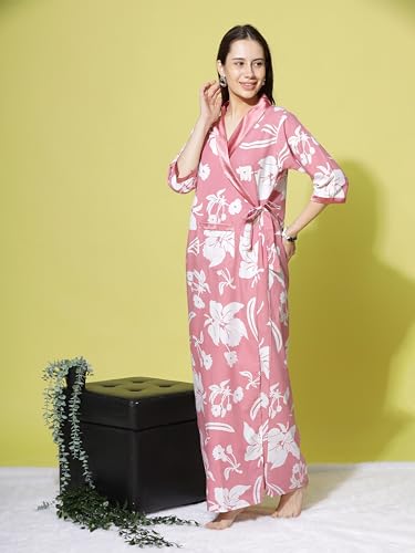 Image of 9shines Label Stylish Cotton Nighty Robe for Women | Front Open Floral Housecoat | Wrap Nighty with Pocket | Adjustable Waist Tie | Plus Size housecoat (HC-2026)