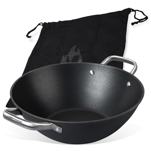 FMProfessional Force Wok aus Gusseisen 32 cm – Wokpfanne mit hochwertiger Antihaftbeschichtung – Geeignet für alle Herdarten (auch Induktion) – ca. 33 x 42,8 x 12 cm