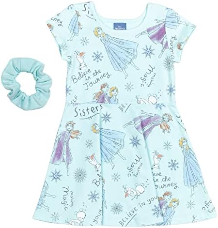 Disney Frozen Elsa Anna Olaf Toddler Girls Short Sleeve Dress Scrunchy Set Blue 5T