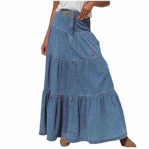 Women's Casual Denim Maxi Skirt Patchwork Ruched High Waisted Skirts Stretch Jean Long Skirt Trendy Dress with Pockets