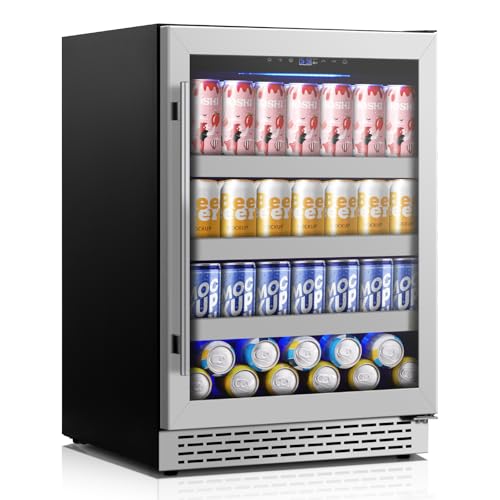 VINECOLD 24 Inch Beverage Refrigerator,190 Cans Freestanding/Under Counter Beverage Fridge with Glass Door,Air Cooling Beverage Cooler Fridge with Reversible Door,Auto Defrost for Beer, Soda and Wine