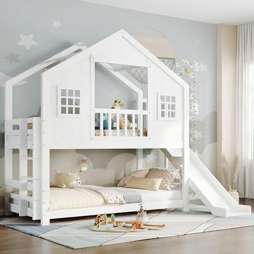 Litera con tobogán infantil, color blanco, 90 x 200 cm, exquisito diseño de ventana y techo, somier de listones y escalones, pino + MDF + madera contrachapada, sin colchón