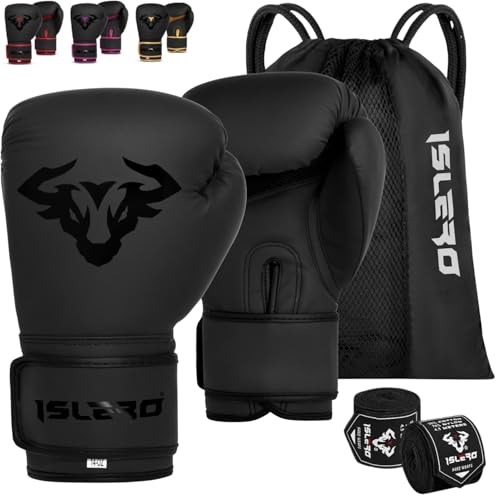 Islero EVO Boxing Gloves with Hand Wraps (12 OZ, Black)