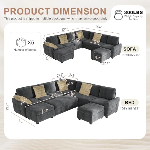 Image of Hanherry 106 inch Sectional Sofa with Pull Out Couch Bed,7 Seat Chenille Sleeper Sofa with 2 Seat Storage & USB Charging,Storage Ottoman,Comfy Modular Couches for Living Room,Apartment