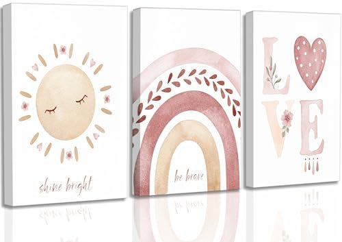 Image of 3 Pcs Nursery Canvas Wall Art Pink Sun Rainbow Hearts Posters Prints Boho Kids Room Pictures Wall Decor for Toddlers Children Baby Girl Bedroom Home Decoration