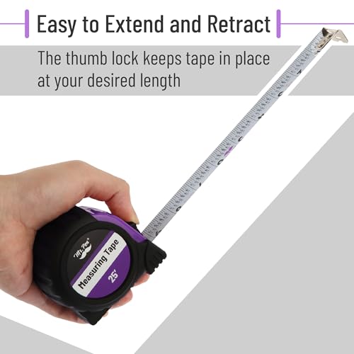 Image of Mr. Pen - 25 Foot Purple Retractable Steel Measuring Tape with Fractions, Easy Read