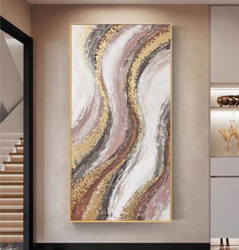 Quadro Contemporaneo Dipinto A Mano Di Grandi Dimensioni - Linee Astratte In Lamina D'Oro Fatte A Mano Su Tela Senza Cornice Pittura A Olio Versione Verticale, Pittura A Olio Decorazione Artistica