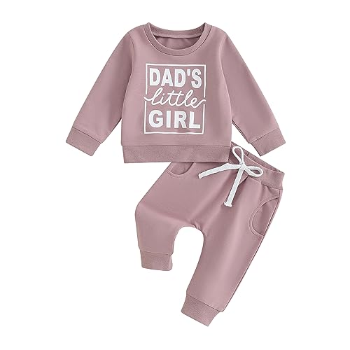 Image of Baby Girl Clothes Toddler Sweatshirt Pants 2pcs Set Fall Winter Infant Pullover Top Outfit Newborn Matching Sets (D Daddys Little Girl Purple,0-6 Months)