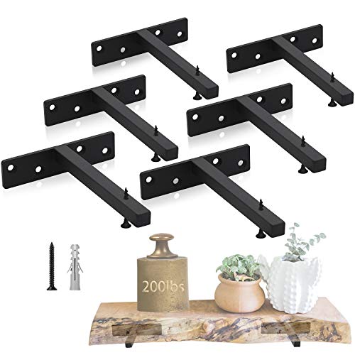 Shelf Brackets Floating, Concealed Hardware Blind Bracket 6 Inch Black Steel Metal Support Wall Mount for Wood Shelving, 6 Pack