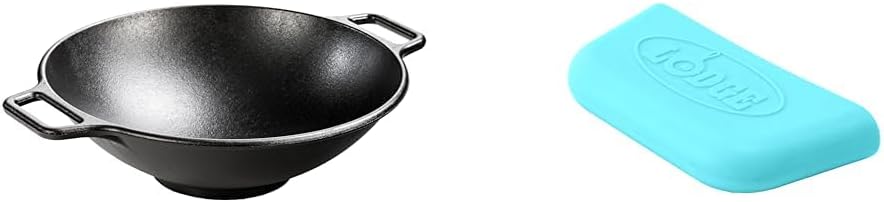 Lodge BOLD 14 Inch Seasoned Cast Iron Wok + Lodge 2 BOLD Silicone Hot Handle Holders - Electric Blue