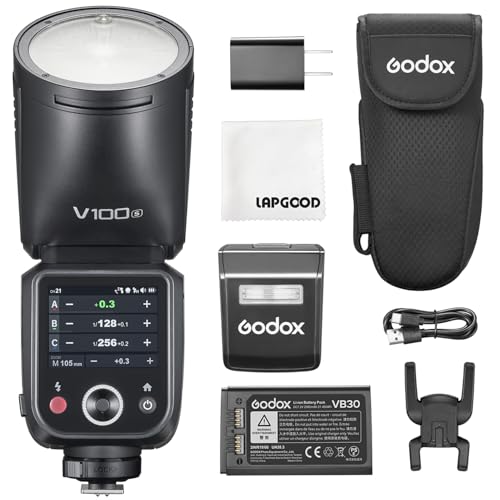 Godox V100 S 100Ws Round Head Touch Screen TTL Flash with 2.4G Wireless X System, Built-in Li-ion Battery, and 10-Level LED Modeling Lamp Compatible for Sony Cameras
