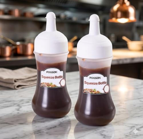 Image of White Premium Squeeze Squirt Bottle Flexible Dispenser Wide Mouth Container Bottle with Attached Cap, Sauce Bottle for Ketchup, Oil, Salad Dressing, Transparent, 280ml, Pack of 2