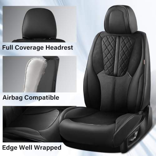 Image of Coverado Leather Car Seat Covers Full Set & Carbon Fiber, Luxury Black Leather Seat Covers, Waterproof and Durable Car Seat Protector, Automotive Seat Covers Universal Fit for Most Cars(Black)