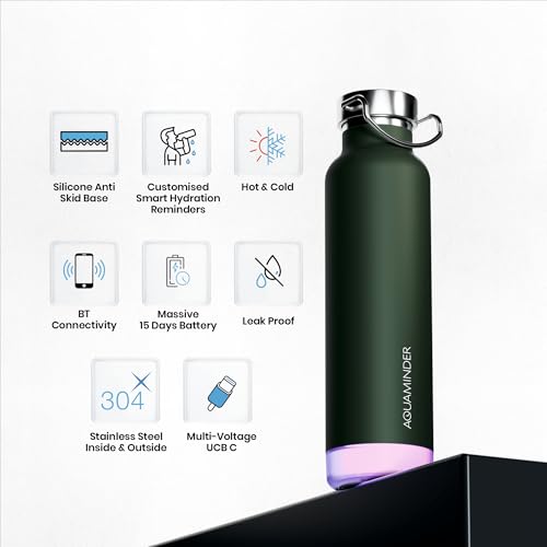 Image of Aquaminder Smart Water Bottle | RGB LED Glow & Timer Hydration Reminder with BT Mobile Phone Connection, Thames with App 600 ML (Olive Green)