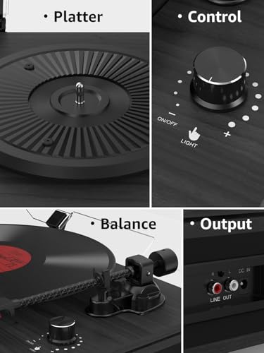 Image of Record Player with Built in Speakers Bluetooth 5.3 Turntable Belt Drive 2-Speed Turntables for Vinyl Records High Fidelity Records Player with Magnetic Cartridge AT-3600L, Cool Light Strip, Black
