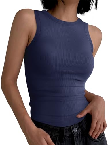 Image of ANRABESS Womens Sleeveless High Neck Tank Tops Fashion Summer Casual Basic Slim Fit Ribbed Racerback Top Shirt Clothes