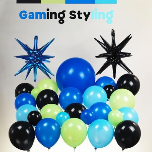 SINGOMON Video Game Birthday Decorations Green Blue Black Balloon Arch Kit Blue Balloon Garland Kit Game Controller Balloons Explosive Star Balloons for Boys Birthday Decorations — view 3