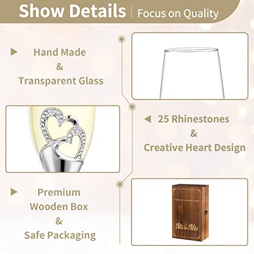 Nuptio Champagne Flutes Glasses Wedding: Personalised Champagne Flute With Wooden Gift Box Crystal Prosecco Glass Set Of 2, Silver Gift Set For Engagement Toasting Anniversary Party Bridal Showers #TOP4