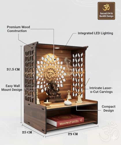 Image of Royal Walnut Finish Wooden Pooja Mandir | Wall Mounted Home Temple with LED Lights & Spacious Storage | Premium Handcrafted Puja Unit (37.5 * 29 * 25 CM) (Large) A9